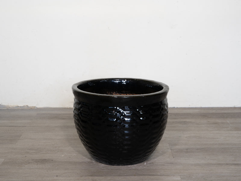 Glazed Pattern Ceramic Pot - Shiny Black