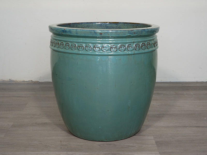 Coin Glazed Ceramic Pot - Aqua Blue